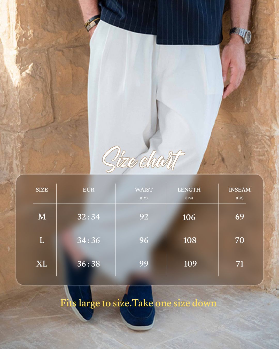 Pleated Flowy Pants - White Size Chart